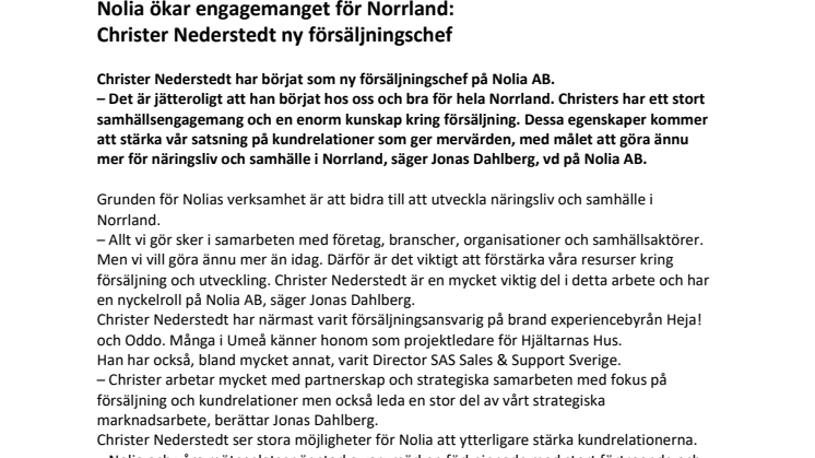 Nolia ökar engagemanget för Norrland: Christer Nederstedt ny försäljningschef