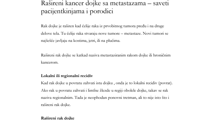 Rašireni kancer dojke sa metastazama – saveti pacijentkinjama i porodici – Fakta om spridd bröstcancer på bosniska, kroatiska, serbiska