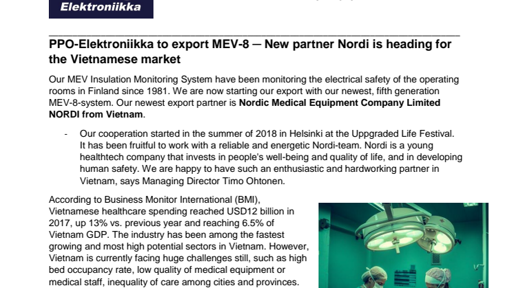 PPO-Elektroniikka to export MEV-8  - Our New partner Nordi is heading for the Vietnamese market 