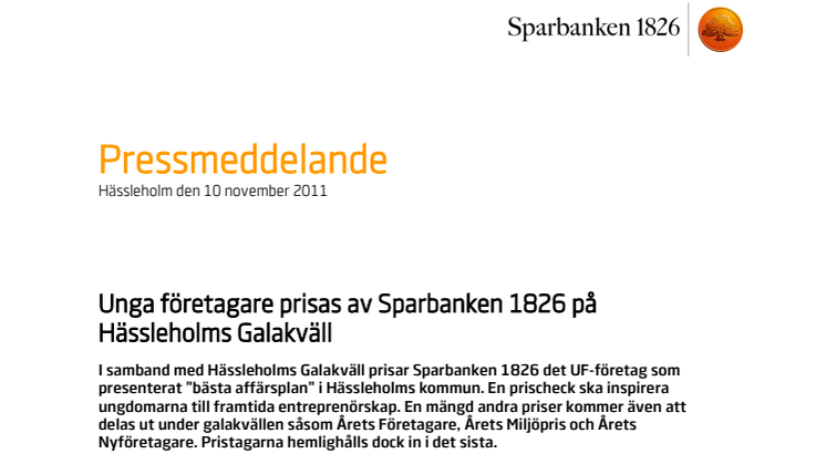 Unga företagare prisas av Sparbanken 1826 på Hässleholms Galakväll