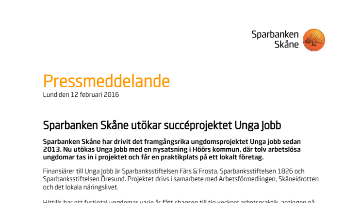 Sparbanken Skåne utökar succéprojektet Unga Jobb