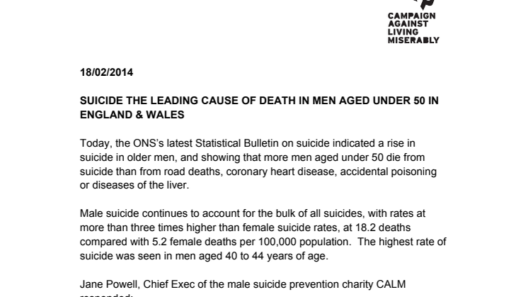 SUICIDE THE LEADING CAUSE OF DEATH IN MEN AGED UNDER 50 IN ENGLAND & WALES
