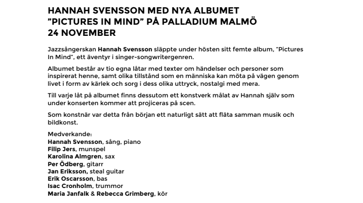 Hannah Svensson  med nya albumet "Pictures In Mind" på Palladium Malmö 24 november