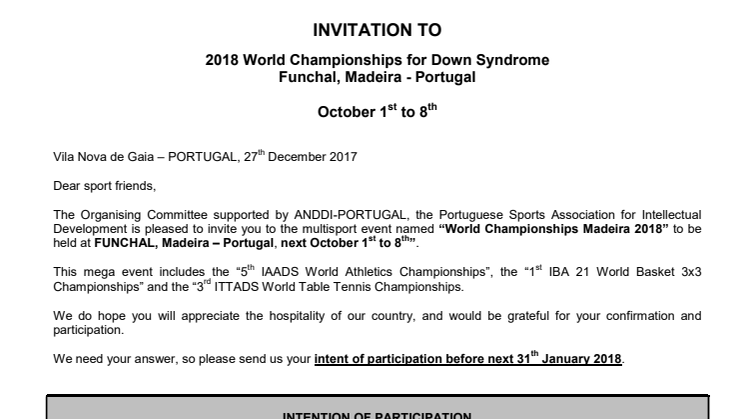 Invitation letter Maderia 2018
