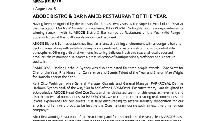 ABODE Bistro & Bar Named Restaurant of the Year