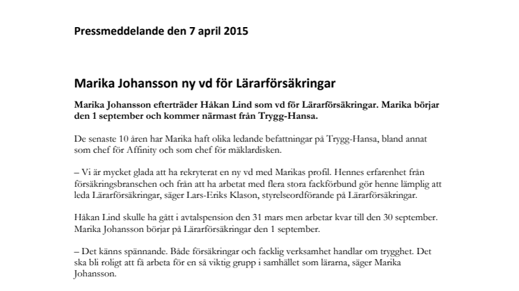 Marika Johansson ny vd för Lärarförsäkringar