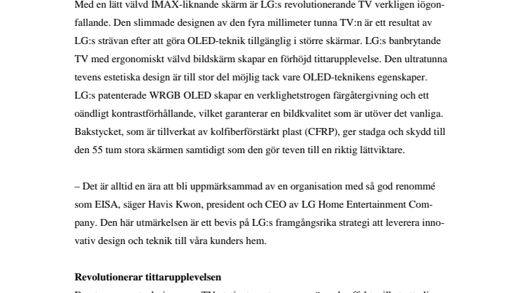 LG:S BÖJDA OLED-TV FÅR DESIGNPRIS AV EISA 2013 