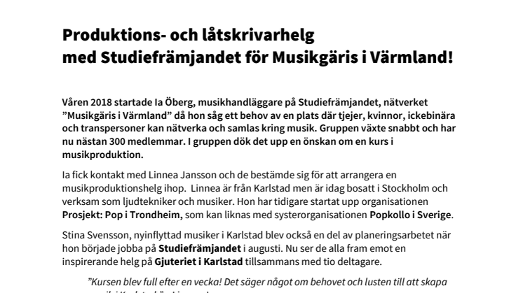 Produktions- och låtskrivarhelg  med Studiefrämjandet för Musikgäris i Värmland!