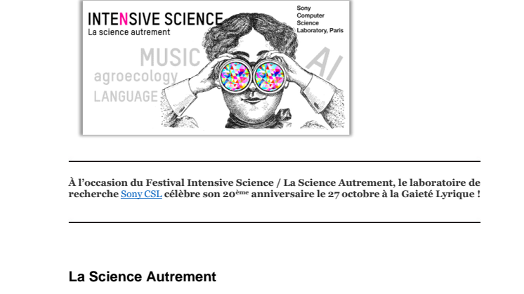 Sony CSL Paris célèbre son 20ème anniversaire lors du Festival Intensive Science / La science autrement