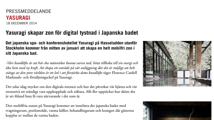 Yasuragi skapar zon för digital tystnad i Japanska badet