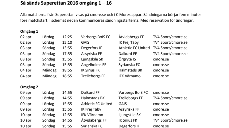 Superettan 2016 Spelschema omgång 1-16