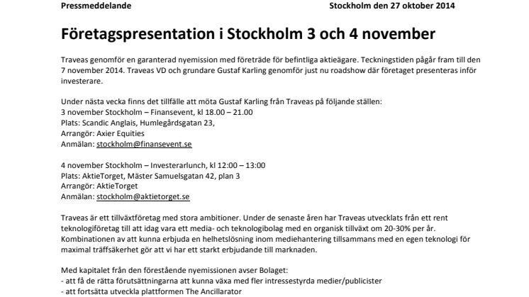 Företagspresentation av Traveas i Stockholm 3 och 4 november