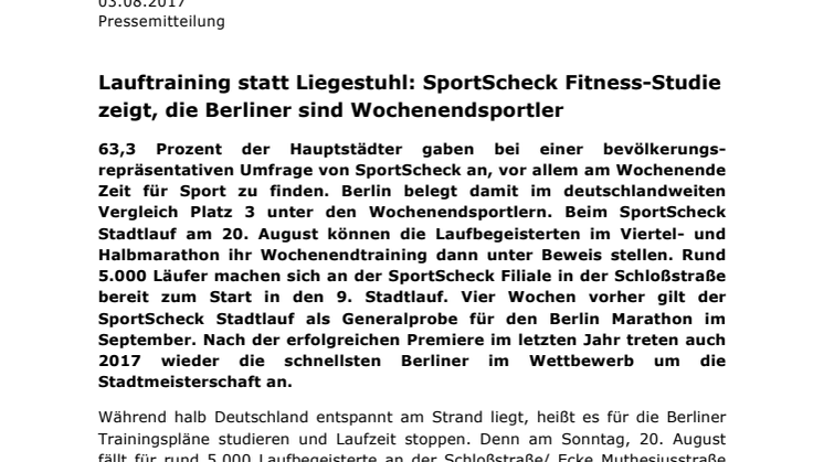 Lauftraining statt Liegestuhl: SportScheck Fitness-Studie zeigt, die Berliner sind Wochenendsportler