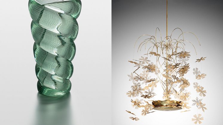 Gunnel Nyman, Barokki , Vase, glass, 1946 , Riihimäki Glassworks and Paavo Tynell, Snowflake, Chandelier, brass. 