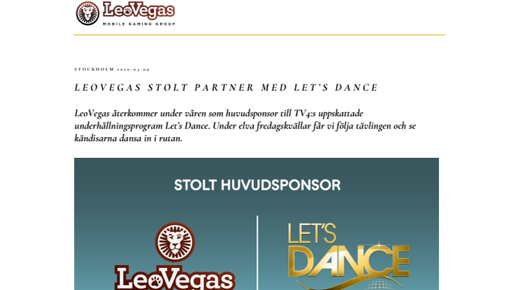 LeoVegas stolt partner med Let's Dance