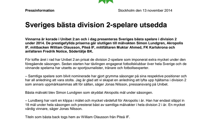 Sveriges bästa division 2-spelare utsedda