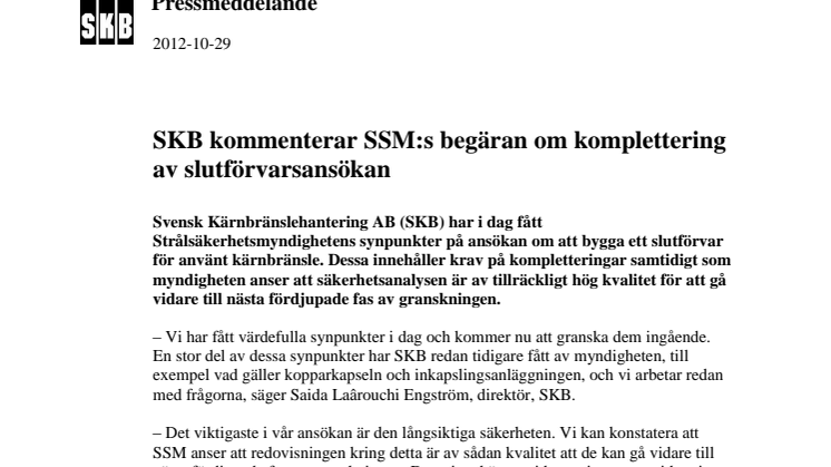 SKB kommenterar SSM:s begäran om komplettering av slutförvarsansökan