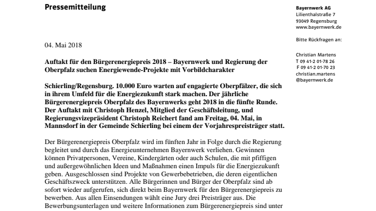 Startschuss für den Bürgerenergiepreis Oberpfalz 2018