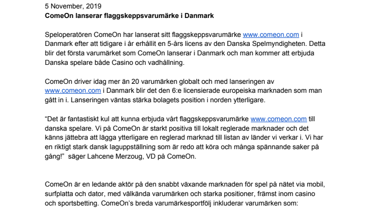 ComeOn lanserar flaggskeppsvarumärke i Danmark