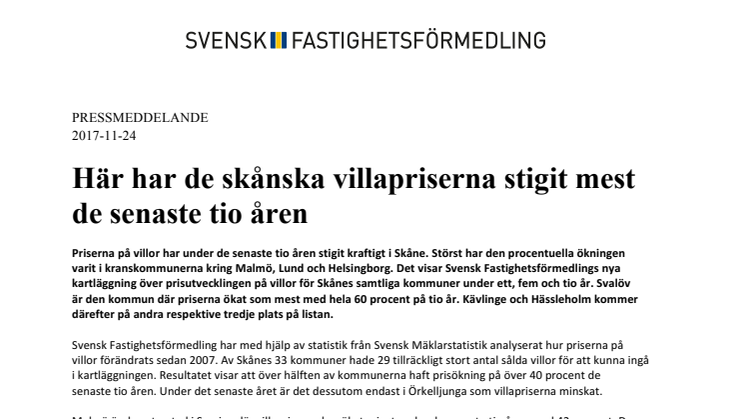 Här har de skånska villapriserna stigit mest  de senaste tio åren