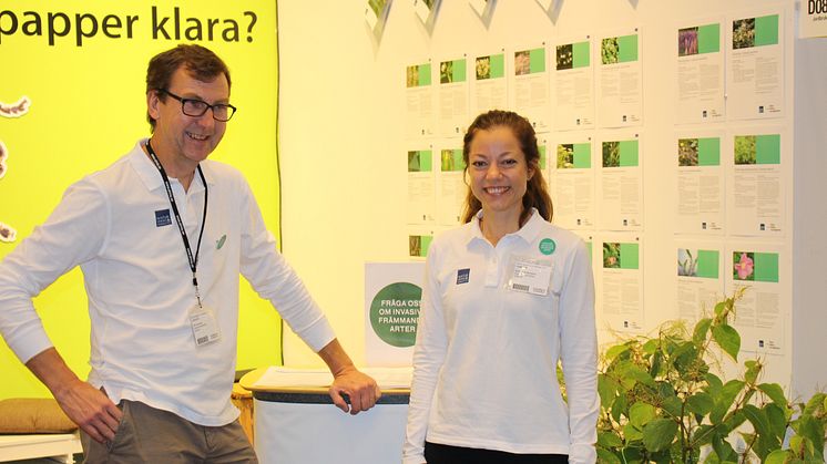Ulf Larsson, biolog, och Anna Håkansson, jurist, båda från Naturvårdsverket, hade fullt upp med att svara på frågor på Elmia Garden om invasiva växter och hur de förbjudna växterna ska hanteras.