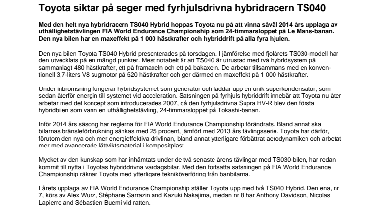Toyota siktar på seger med fyrhjulsdrivna hybridracern TS040