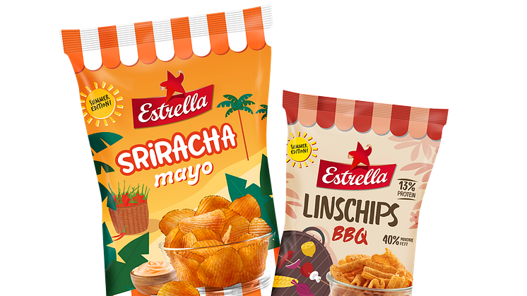 Finräfflade potatischips Sriracha Mayo och Linschips BBQ, två sommarsnacks från Estrella 2021