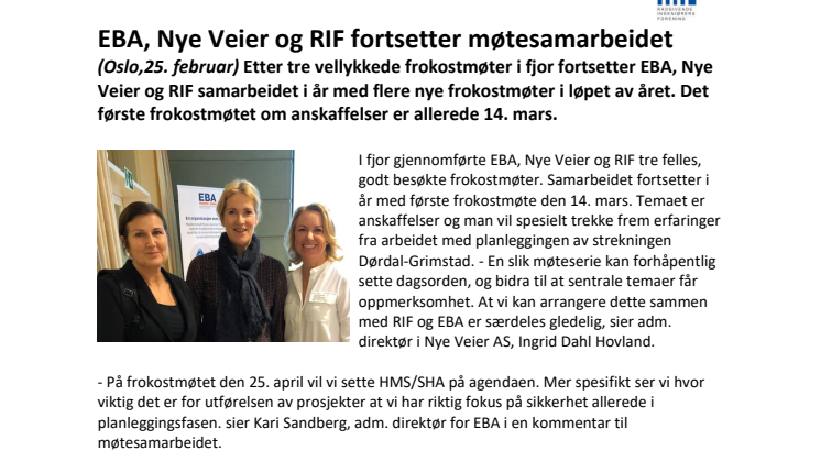 EBA, Nye Veier og RIF fortsetter møtesamarbeidet