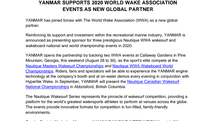 YANMAR Supports 2020 World Wake Association Events as New Global Partner