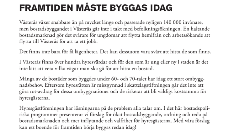 Lokalt bostadspolitiskt program för Hyresgästföreningen i Västerås