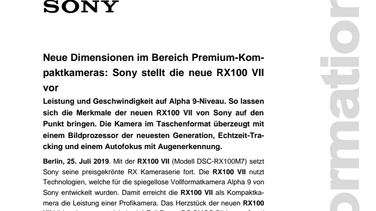 Neue Dimensionen im Bereich Premium-Kompaktkameras: Sony stellt die neue RX100 VII vor
