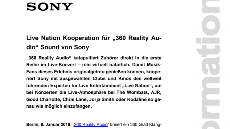 Live Nation Kooperation für „360 Reality Audio“ Sound von Sony