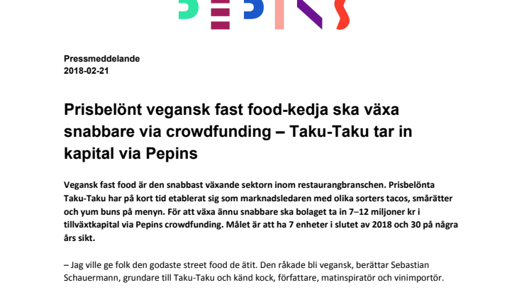 Prisbelönt vegansk fast food-kedja ska växa snabbare via crowdfunding – Taku-Taku tar in kapital via Pepins  