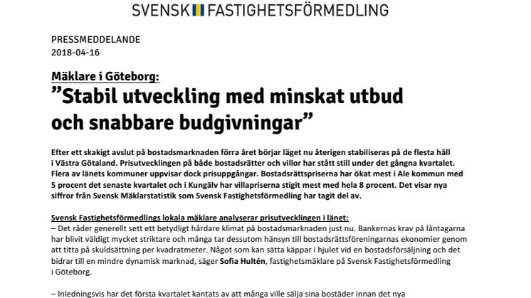 Mäklare i Göteborg: ”Stabil utveckling med minskat utbud  och snabbare budgivningar”