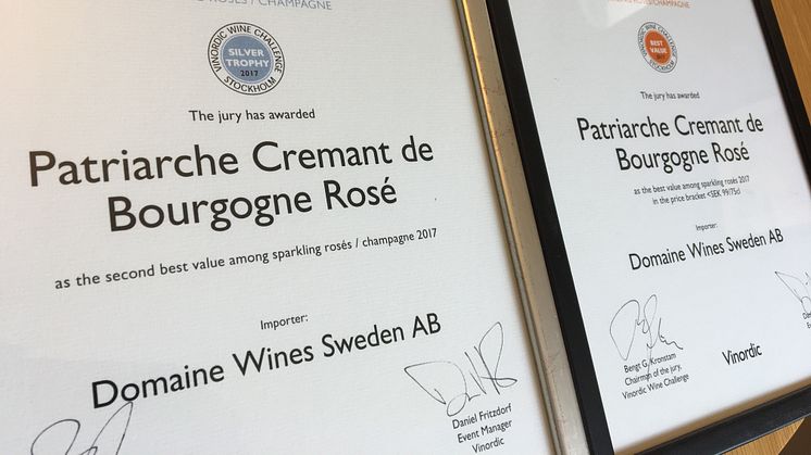​Patriarche Crémant de Bourgogne Brut Rosé vann SILVER TROPHY och BEST VALUE i Vinordic Wine Challenge 2017