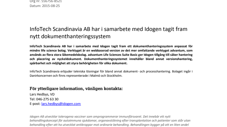 InfoTech Scandinavia AB har i samarbete med Idogen tagit fram nytt dokumenthanteringssystem