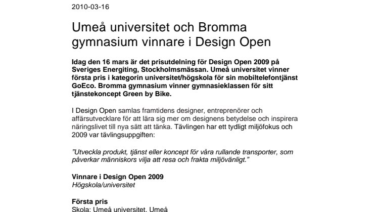 Umeå universitet och Bromma gymnasium vinnare i Design Open