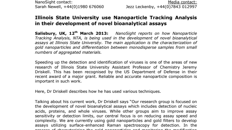 Illinois State University use Nanoparticle Tracking Analysis in their development of novel bioanalytical assays