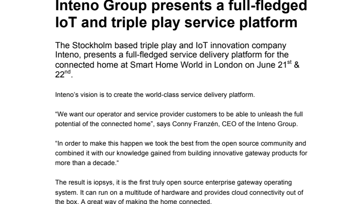 Inteno Group presents a full-fledged IoT and triple play service platform