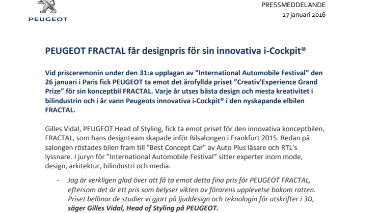 Elbilen Fractal får designpris för Peugeot i-Cockpit®