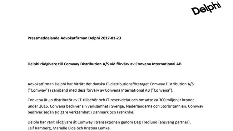 Delphi rådgivare till Comway Distribution A/S vid förvärv av Convena International AB