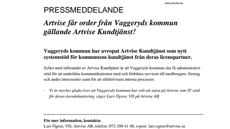 Artvise får order från Vaggeryds kommun gällande Artvise Kundtjänst!