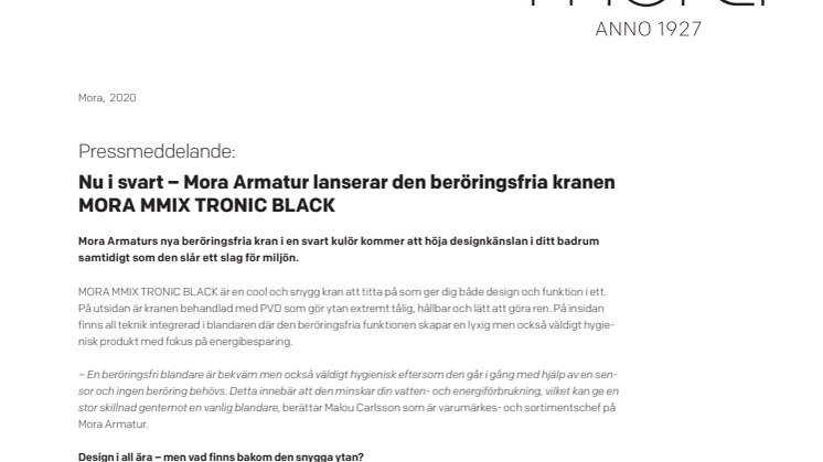 Nu i svart – Mora Armatur lanserar den beröringsfria kranen MORA MMIX TRONIC BLACK