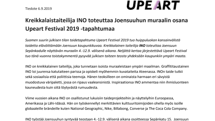 Kreikkalaistaiteilija INO toteuttaa Joensuuhun muraalin osana Upeart Festival 2019 -tapahtumaa