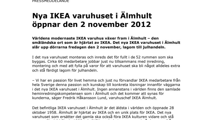 Nya IKEA varuhuset i Älmhult öppnar den 2 november 2012