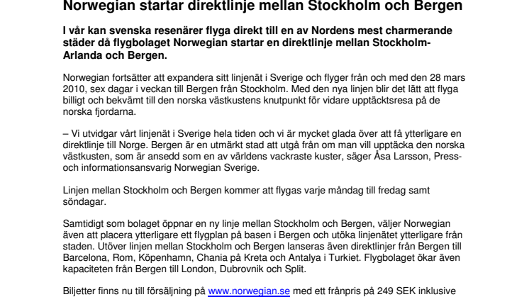 Norwegian startar direktlinje mellan Stockholm och Bergen