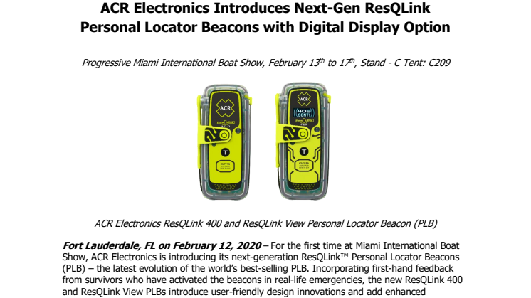 Miami International Boat Show: ACR Electronics Introduces Next-Gen ResQLink Personal Locator Beacons with Digital Display Option