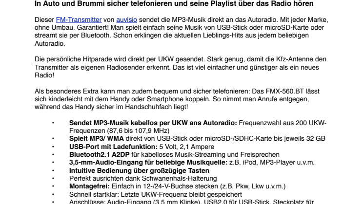 auvisio FM-Transmitter mit Bluetooth-Freisprecher FMX-560.BT KFZ/Auto