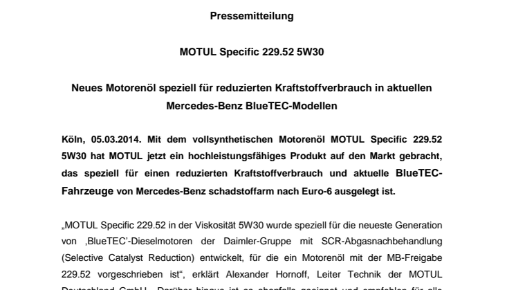 MOTUL Specific 229.52 5W30: Neues Motorenöl speziell für reduzierten Kraftstoffverbrauch in aktuellen Mercedes-Benz BlueTEC-Modellen