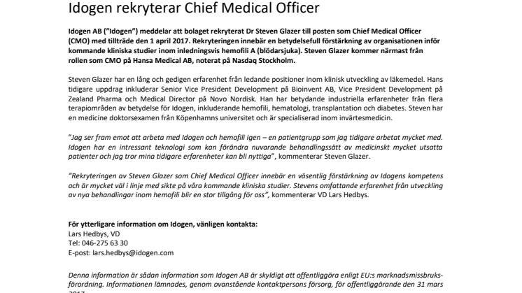 Idogen rekryterar Chief Medical Officer